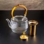 Premium Ribbed Glass Teapot with Gold Accents & Wooden Handle