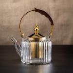 Luxury Glass Teapot with Gold Accents and Wooden Handle