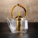 Premium Ribbed Glass Teapot with Gold Accents & Wooden Handle