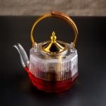 Premium Ribbed Glass Teapot with Gold Accents & Wooden Handle