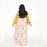 Golden Petal Harmony Kaftan – Mustard Collar & Sleeve with Watercolor Floral