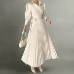 Wrap Pleated Midi Dress with Puff Sleeves and Waist Tie Detail