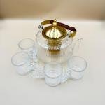Crystal Glass Tea Set with Golden Lid, Wooden Handle & 4 Beaded Cups (5-Piece Set)