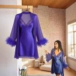 VIP Satin Lace-Trim Slip Dress and Sheer Mesh Robe Set with Feather Cuff Detail