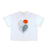 Sunset Botanical Bliss Tee – Abstract Nature Print with Tropical Leaf and Sun Graphic