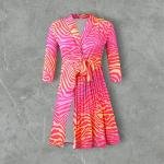 Zebra Stripe Wrap Dress with Lapel Collar, Pleated Skirt & Waist Tie