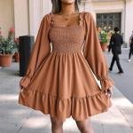 فستان سهرة مكشكش بأكمام منتفخة رقبة مربعة قصة قصيرة وواسعة