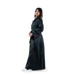 Luxurious belted trench-style abaya with a structured silhouette and velvet detailing