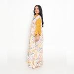 Golden Petal Harmony Kaftan – Mustard Collar & Sleeve with Watercolor Floral