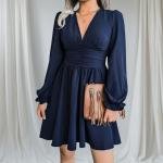 Ruched V-Neck Puff Sleeve Satin A-Line Dress