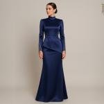 فستان ساتان نسائي ملكي برقبة عالية وتفاصيل خرز على الأكمام أناقة للمناسبات