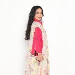 Rosy Radiance Kaftan – Abstract Pastel Floral Print with Bold Cherry Red Sleeves & Collar