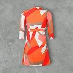 Abstract Print Pleated Wrap Dress with Lapel Collar and Waist Tie