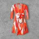 Abstract Print Pleated Wrap Dress with Lapel Collar and Waist Tie