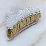 Pearl-Encrusted Hair Claw with Scallop Detail & Gold Grip