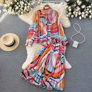 بلوزة بأزرار وتنورة ماكسي مطوية طقم متكامل