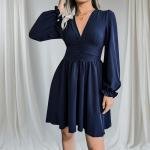 Ruched V-Neck Puff Sleeve Satin A-Line Dress