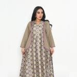 Printed Satin Inner with Plain Open Abaya – Olive & Mauve Border Detailing