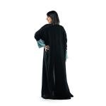 Embroidered Floral Detailed Abaya with Contrast Cuffs and Trim