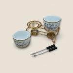5-Piece Ceramic Fondue Set with Dual Bowls, Metal Stand & Forks