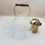 Crystal Glass Tea Set with Golden Lid, Wooden Handle & 4 Beaded Cups (5-Piece Set)