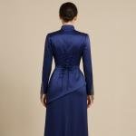 فستان ساتان نسائي ملكي برقبة عالية وتفاصيل خرز على الأكمام أناقة للمناسبات