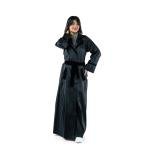 Luxurious belted trench-style abaya with a structured silhouette and velvet detailing