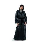 Luxurious belted trench-style abaya with a structured silhouette and velvet detailing