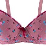 Floral Printed Padded Bra Scalloped Lace Trim, and Center Satin Bow Accent.