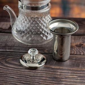 إبريق شاي زجاجي كريستالي أنيق بمصفاة ستانلس ستيل ومقبض مزخرف