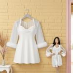 VIP Sheer Mesh Robe and Satin Slip Dress Set with Faux Fur Cuff Accents