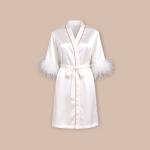 VIP Satin Bridal Robe with Feather Cuffs, Pink Piping, and 'Bride' Embroidery Back Detail