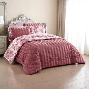 طقم لحاف مورا إسبانيا "فينتج روز" – 6 قطع بخامة ساتان مخطط وطبعة داماسك بطبقة مزودجة  (مجموعة لينا)