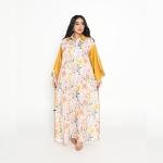 Golden Petal Harmony Kaftan – Mustard Collar & Sleeve with Watercolor Floral