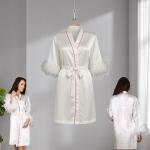 VIP Satin Bridal Robe with Feather Cuffs, Pink Piping, and 'Bride' Embroidery Back Detail