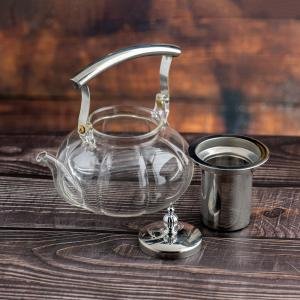 إبريق شاي زجاجي بمصفاة ومقبض من الستانلس ستيل