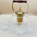 Crystal Glass Tea Set with Golden Lid, Wooden Handle & 4 Beaded Cups (5-Piece Set)