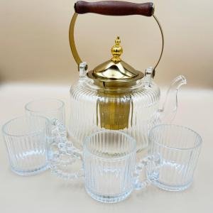 Crystal Glass Tea Set with Golden Lid, Wooden Handle & 4 Beaded Cups (5-Piece Set)