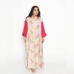 Rosy Radiance Kaftan – Abstract Pastel Floral Print with Bold Cherry Red Sleeves & Collar