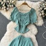 Floral Wrap Crop Top & Pleated Maxi Skirt Set with Puff Sleeves and Smocked Waist