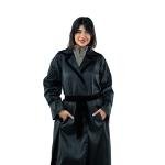 Luxurious belted trench-style abaya with a structured silhouette and velvet detailing