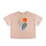 Sunset Botanical Bliss Tee – Abstract Nature Print with Tropical Leaf and Sun Graphic