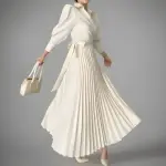 Wrap Pleated Midi Dress with Puff Sleeves and Waist Tie Detail