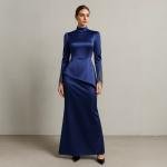 فستان ساتان نسائي ملكي برقبة عالية وتفاصيل خرز على الأكمام أناقة للمناسبات