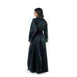 Luxurious belted trench-style abaya with a structured silhouette and velvet detailing