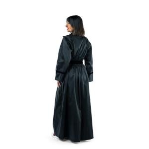 Luxurious belted trench-style abaya with a structured silhouette and velvet detailing
