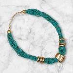 Braided Turquoise Seed Bead Necklace with Gold Metal Accents